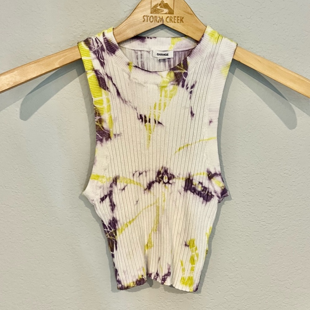 Garage Woman’s XSmall crop ripped purple green and white tank top